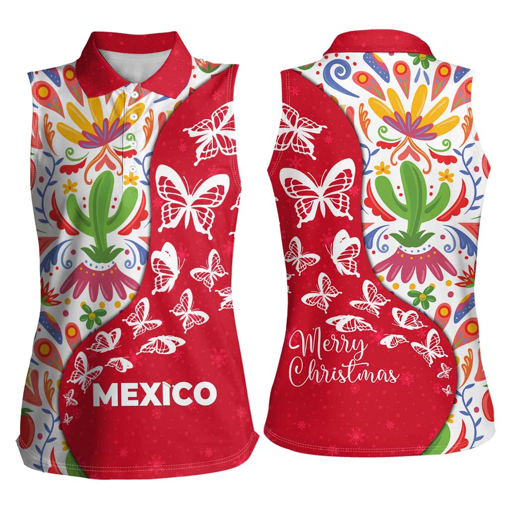 Mexico Christmas Women Sleeveless Polo Shirt with Butterfly Cactus and Colorful Floral Folk Art - Wonder Print Shop
