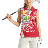 Mexico Christmas Women Sleeveless Polo Shirt with Butterfly Cactus and Colorful Floral Folk Art - Wonder Print Shop