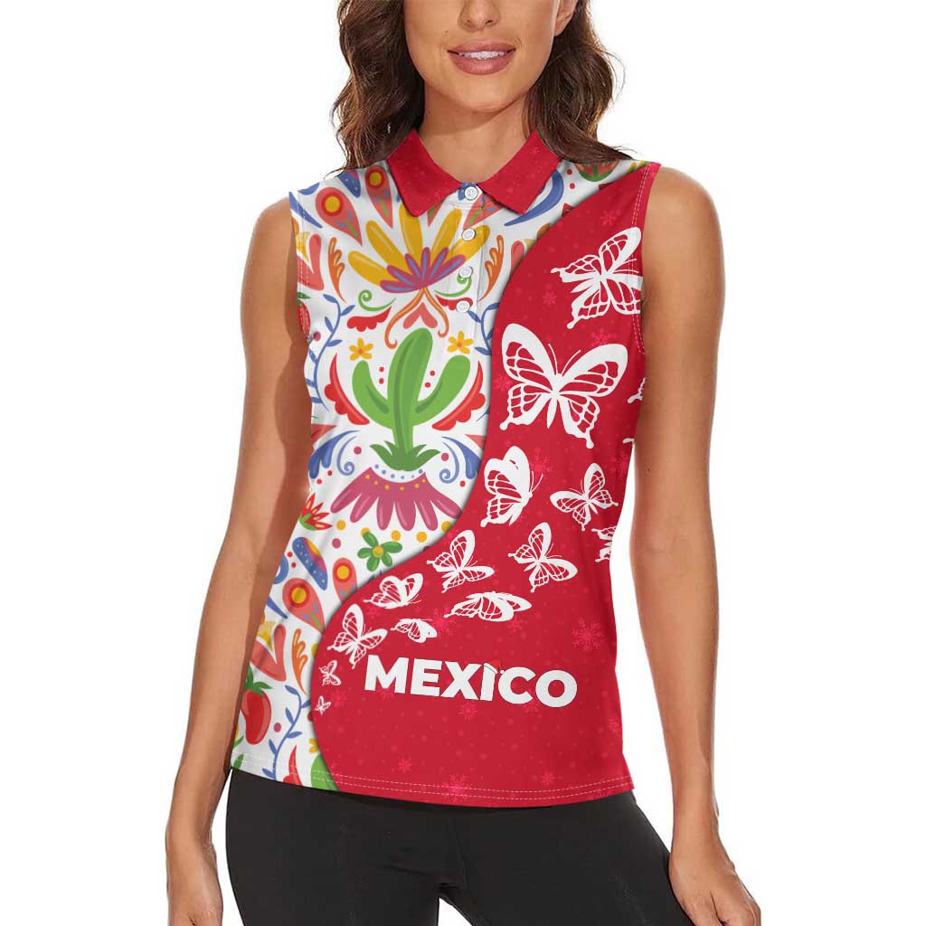 Mexico Christmas Women Sleeveless Polo Shirt with Butterfly Cactus and Colorful Floral Folk Art - Wonder Print Shop