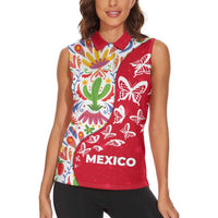 Mexico Christmas Women Sleeveless Polo Shirt with Butterfly Cactus and Colorful Floral Folk Art - Wonder Print Shop