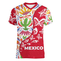 Mexico Christmas Women V-Neck T-Shirt with Butterfly Cactus and Colorful Floral Folk Art - Wonder Print Shop