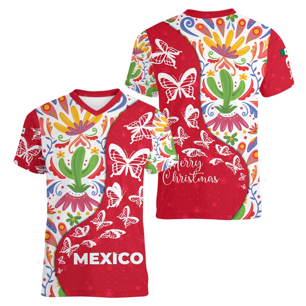 Mexico Christmas Women V-Neck T-Shirt with Butterfly Cactus and Colorful Floral Folk Art - Wonder Print Shop