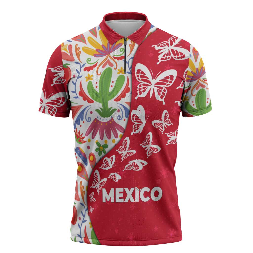Mexico Christmas Zipper Polo Shirt with Butterfly Cactus and Colorful Floral Folk Art - Wonder Print Shop