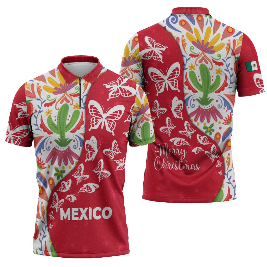 Mexico Christmas Zipper Polo Shirt with Butterfly Cactus and Colorful Floral Folk Art - Wonder Print Shop