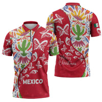 Mexico Christmas Zipper Polo Shirt with Butterfly Cactus and Colorful Floral Folk Art - Wonder Print Shop
