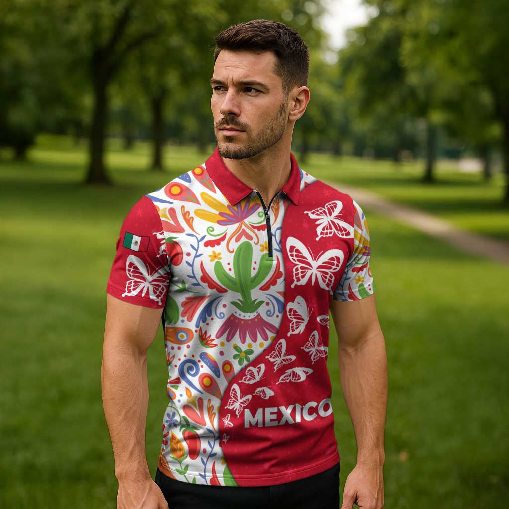 Mexico Christmas Zipper Polo Shirt with Butterfly Cactus and Colorful Floral Folk Art - Wonder Print Shop