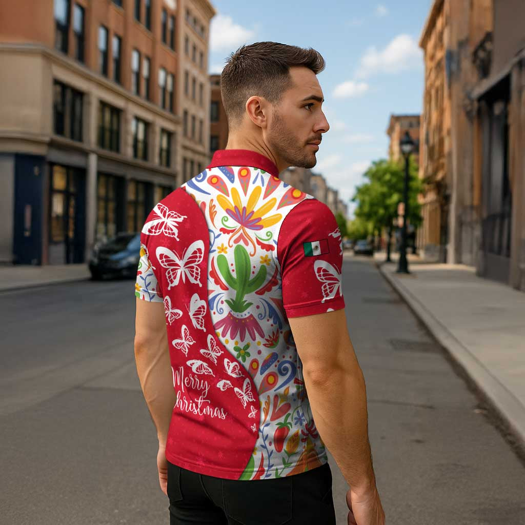 Mexico Christmas Zipper Polo Shirt with Butterfly Cactus and Colorful Floral Folk Art - Wonder Print Shop