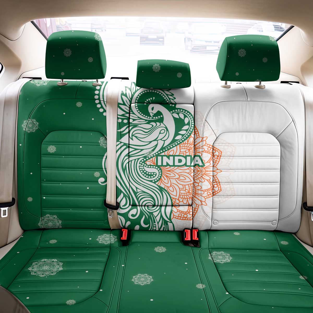 India Christmas Back Car Seat Cover with Peacock Mandala Pattern and Tricolor Design - Wonder Print Shop