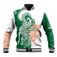 India Christmas Baseball Jacket with Peacock Mandala Pattern and Tricolor Design - Wonder Print Shop