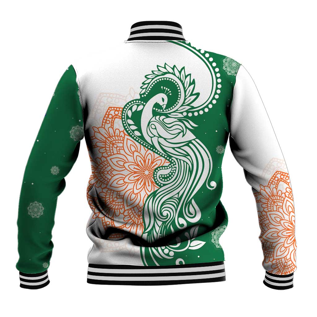 India Christmas Baseball Jacket with Peacock Mandala Pattern and Tricolor Design - Wonder Print Shop