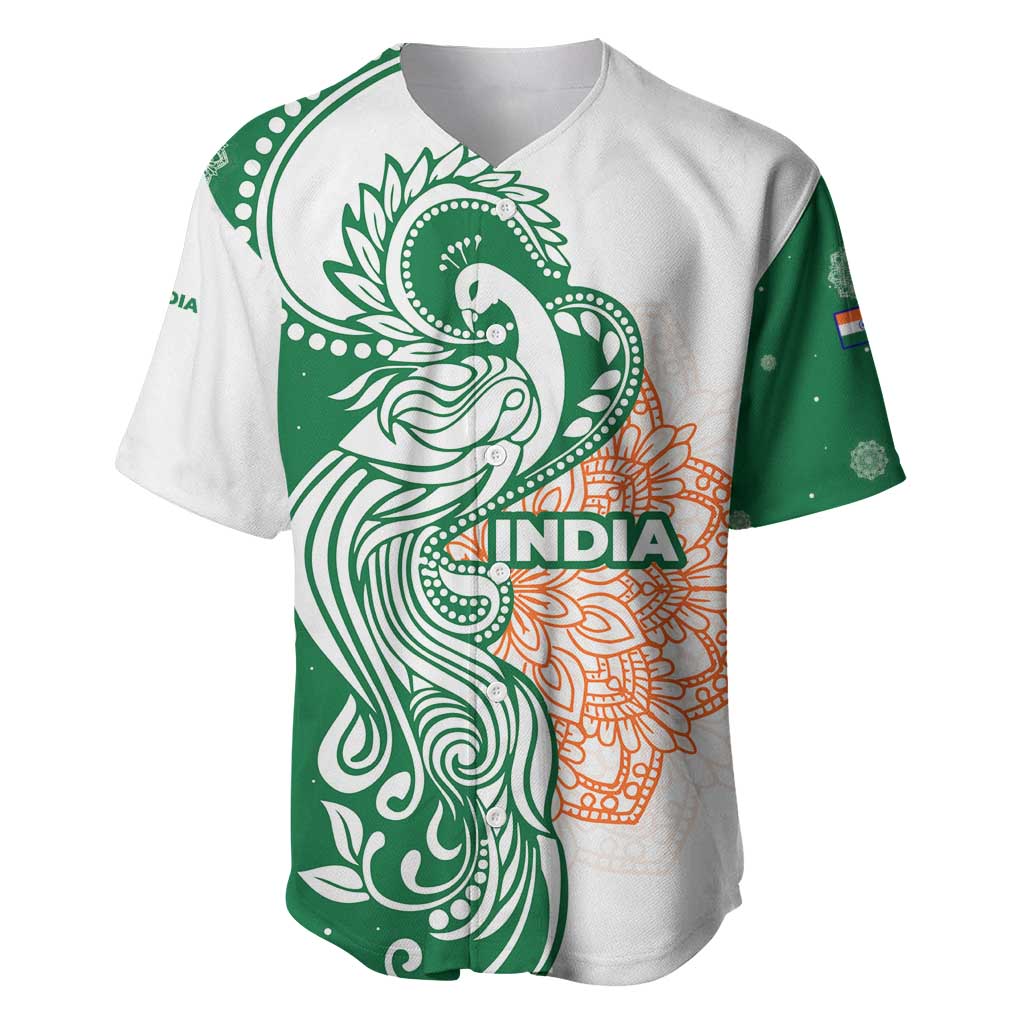 India Christmas Baseball Jersey with Peacock Mandala Pattern and Tricolor Design - Wonder Print Shop