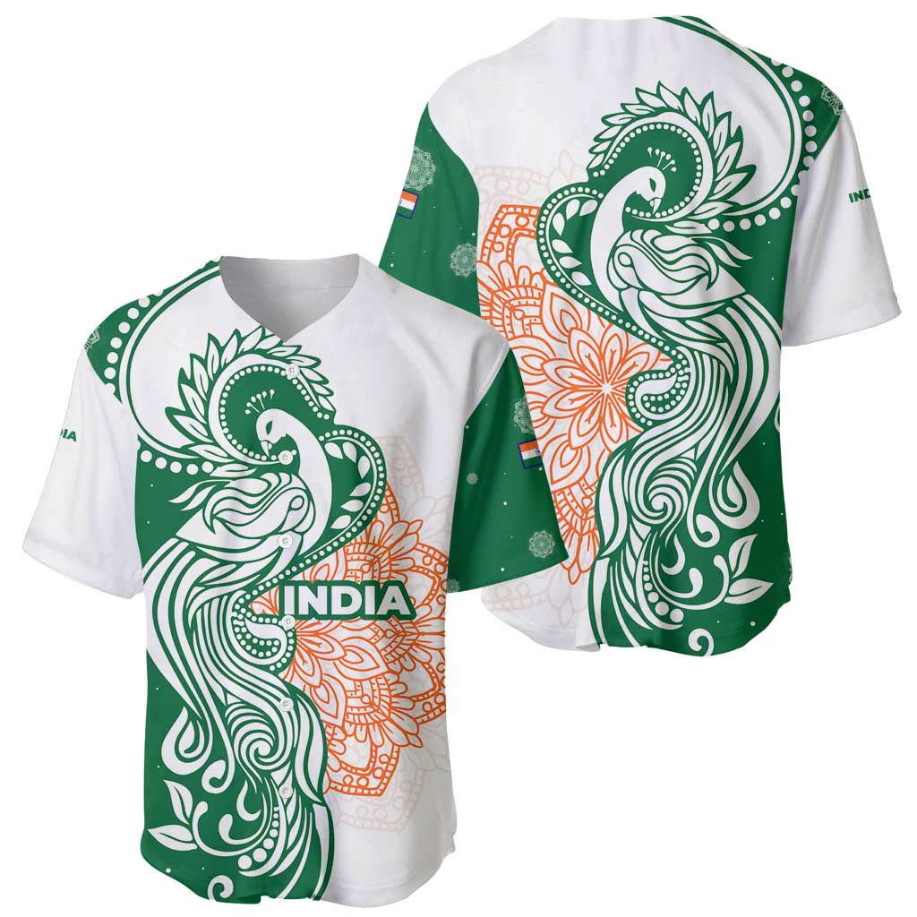 India Christmas Baseball Jersey with Peacock Mandala Pattern and Tricolor Design - Wonder Print Shop