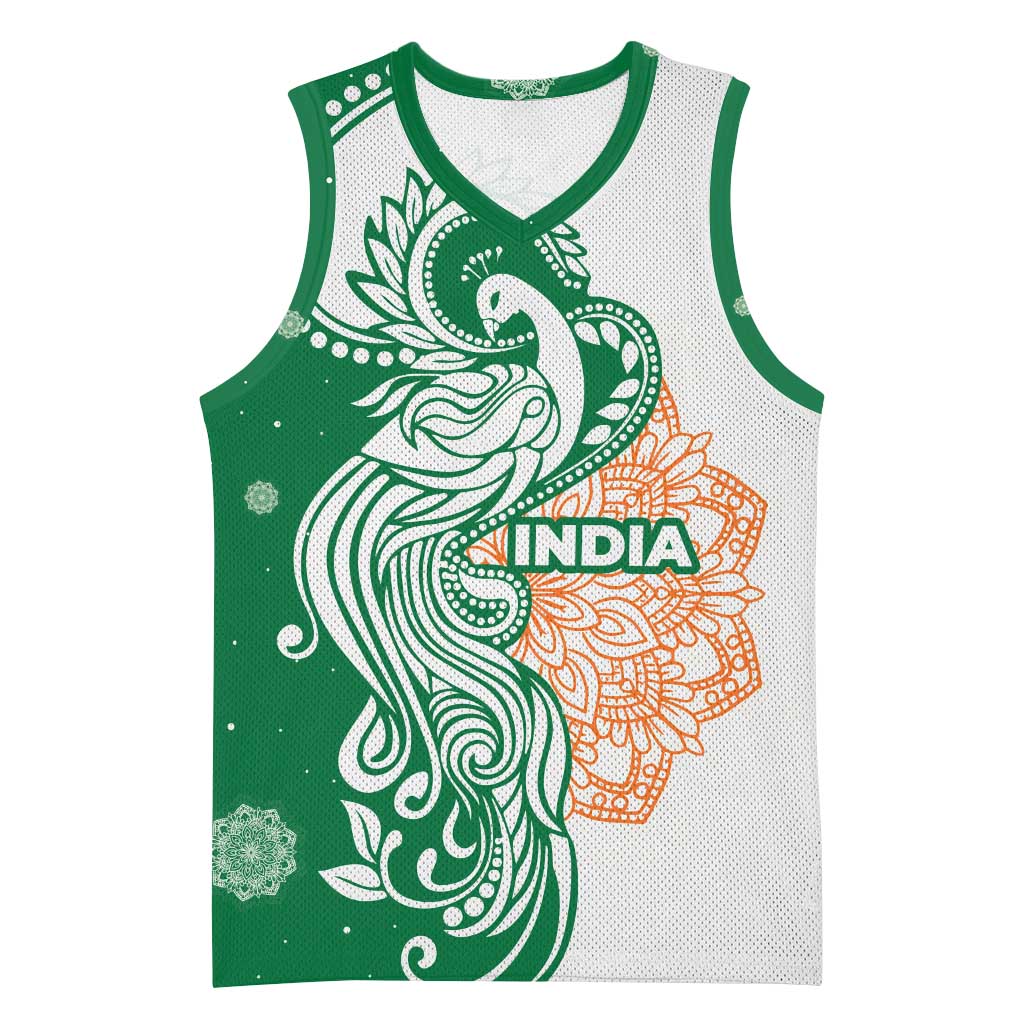 India Christmas Basketball Jersey with Peacock Mandala Pattern and Tricolor Design - Wonder Print Shop