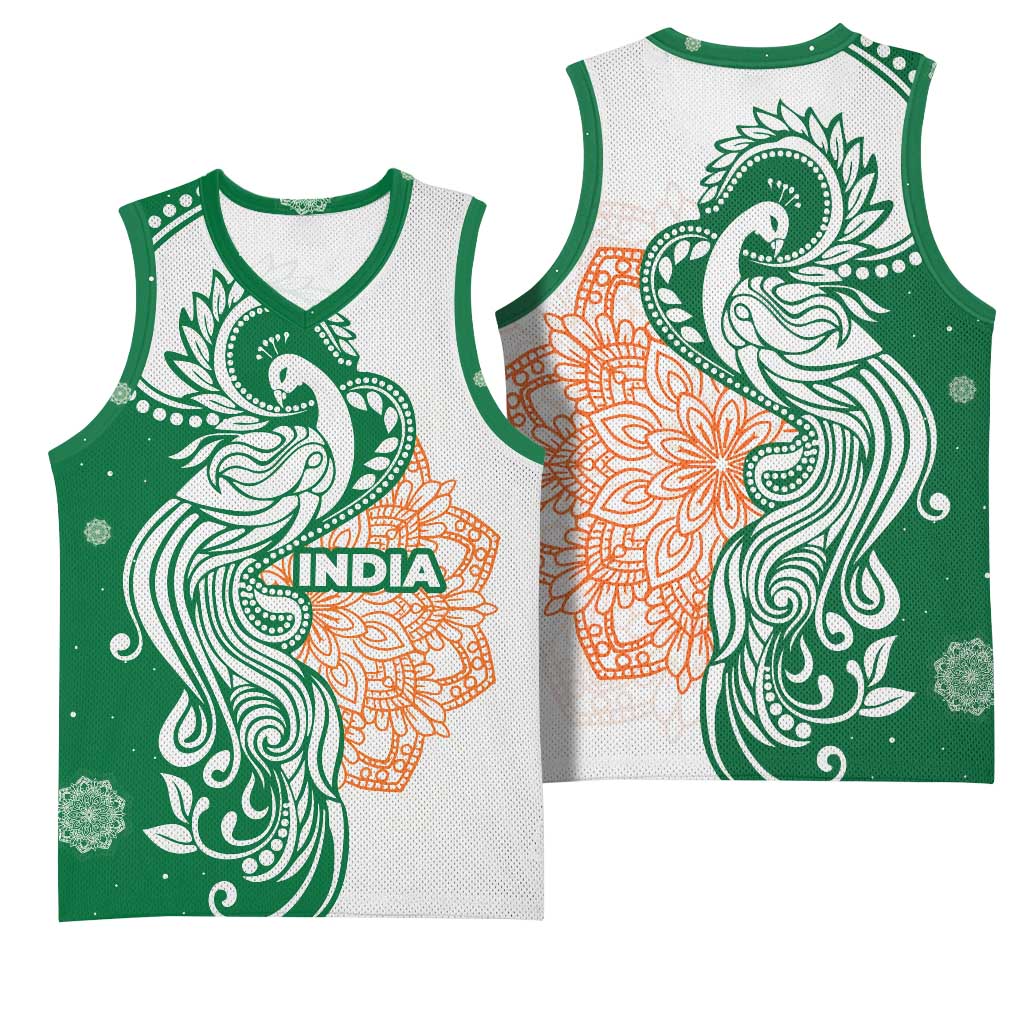 India Christmas Basketball Jersey with Peacock Mandala Pattern and Tricolor Design - Wonder Print Shop