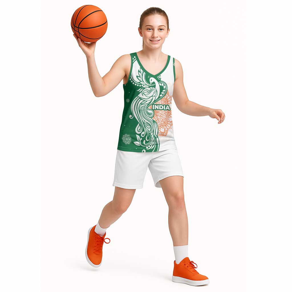 India Christmas Basketball Jersey with Peacock Mandala Pattern and Tricolor Design - Wonder Print Shop