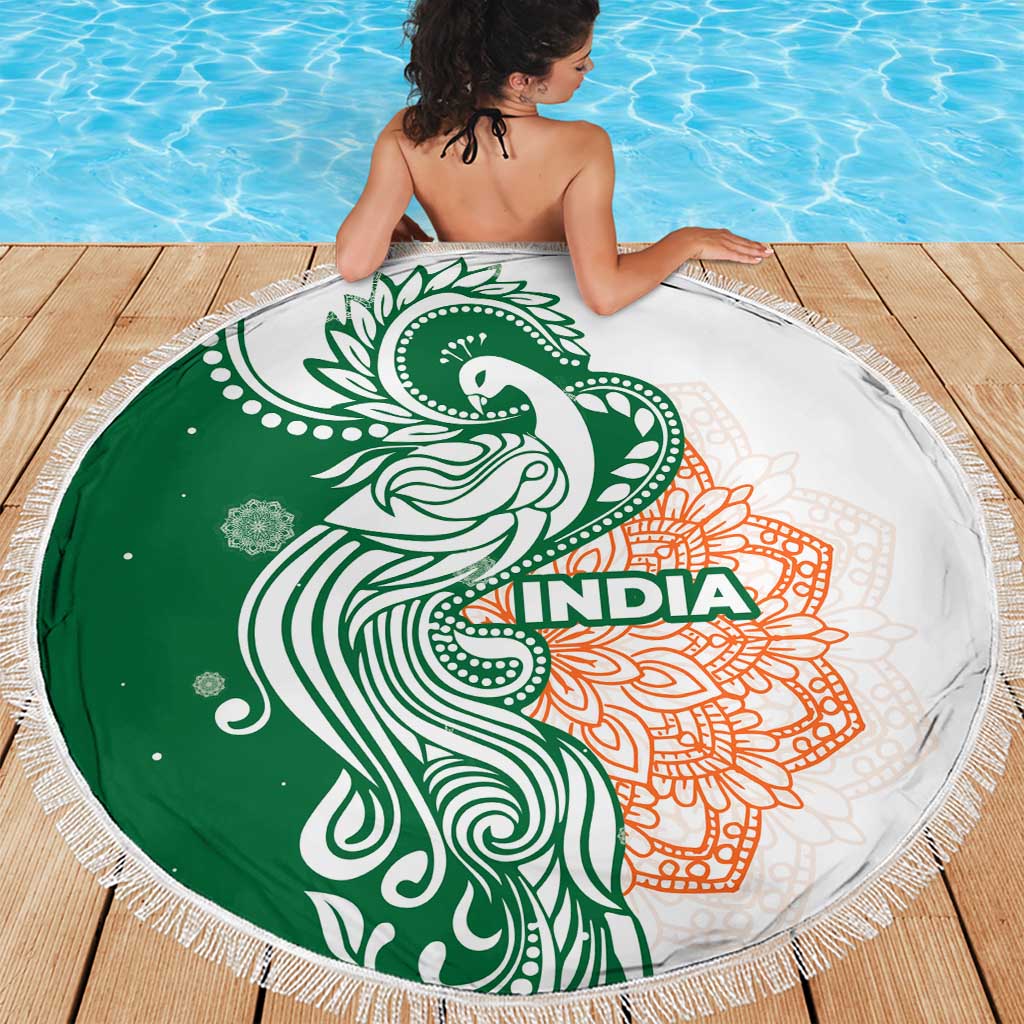 India Christmas Beach Blanket with Peacock Mandala Pattern and Tricolor Design - Wonder Print Shop