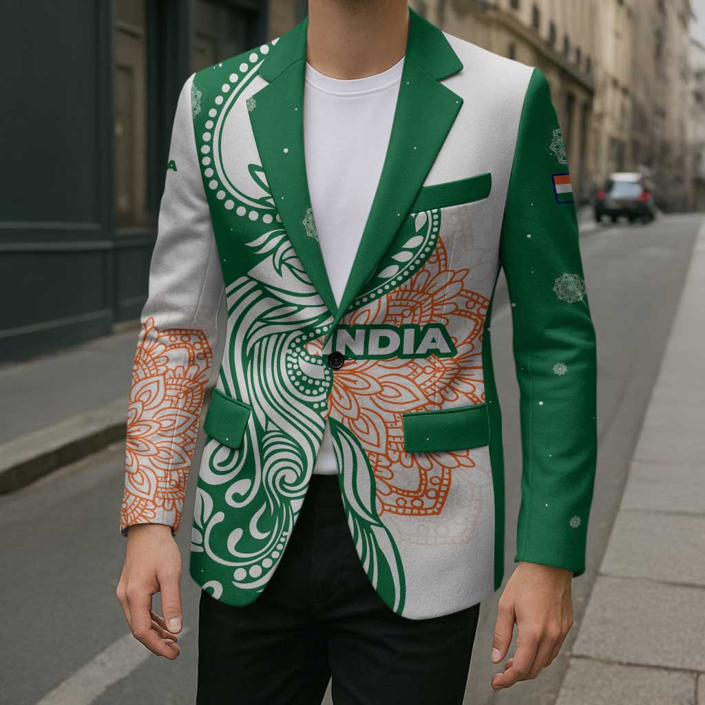 India Christmas Blazer with Peacock Mandala Pattern and Tricolor Design - Wonder Print Shop