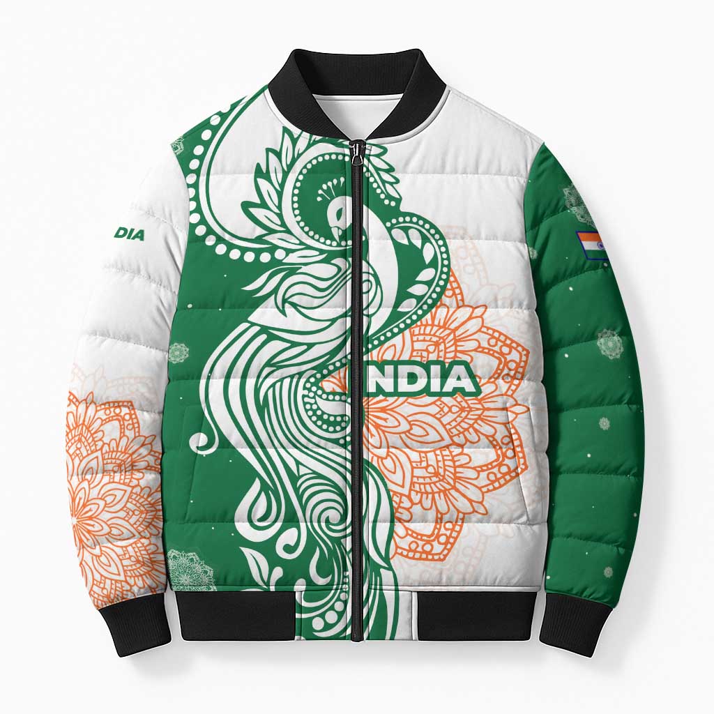 India Christmas Bomber Puffer Jacket with Peacock Mandala Pattern and Tricolor Design - Wonder Print Shop