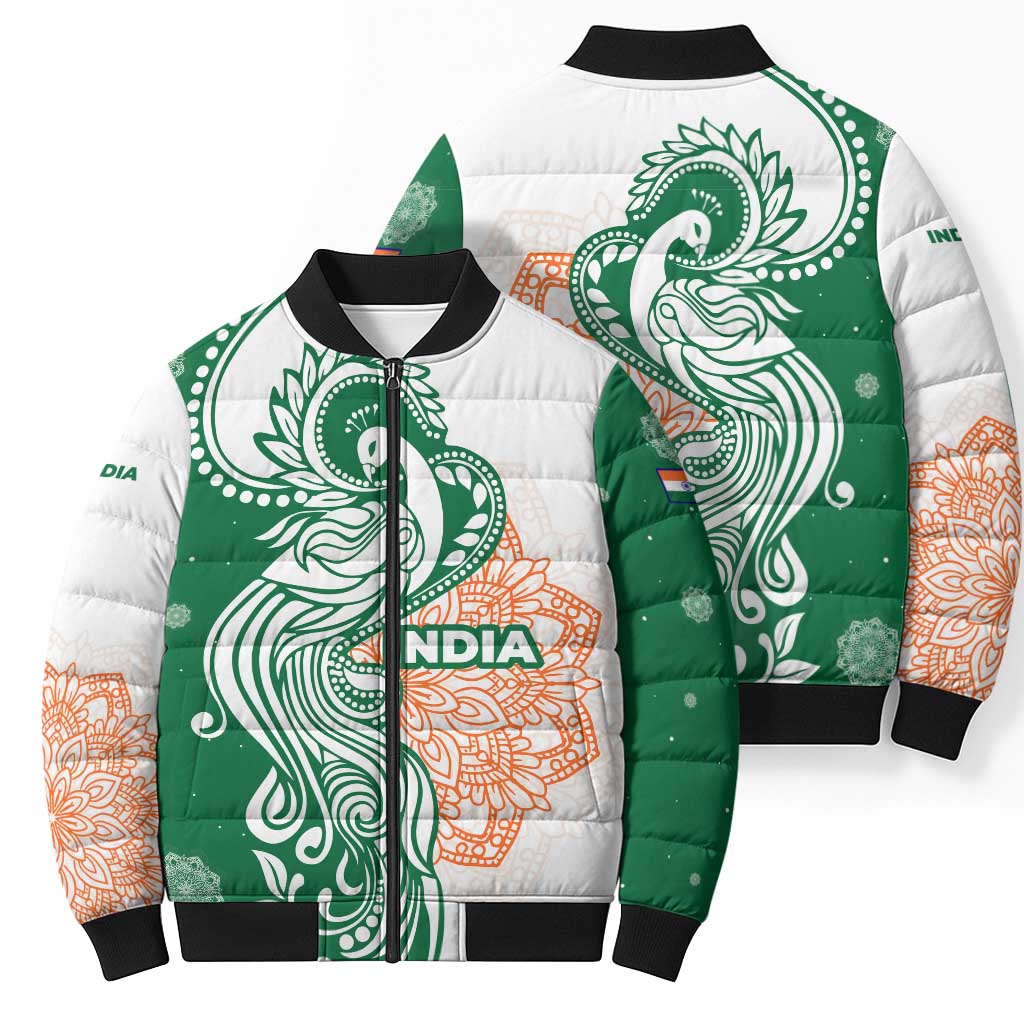 India Christmas Bomber Puffer Jacket with Peacock Mandala Pattern and Tricolor Design - Wonder Print Shop
