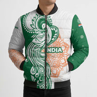India Christmas Bomber Puffer Jacket with Peacock Mandala Pattern and Tricolor Design - Wonder Print Shop