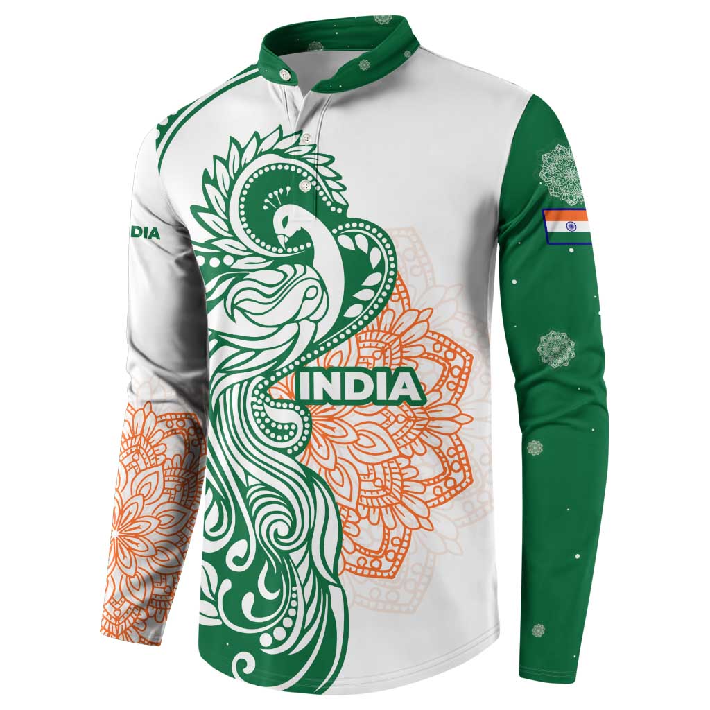 India Christmas Button Sweatshirt with Peacock Mandala Pattern and Tricolor Design - Wonder Print Shop