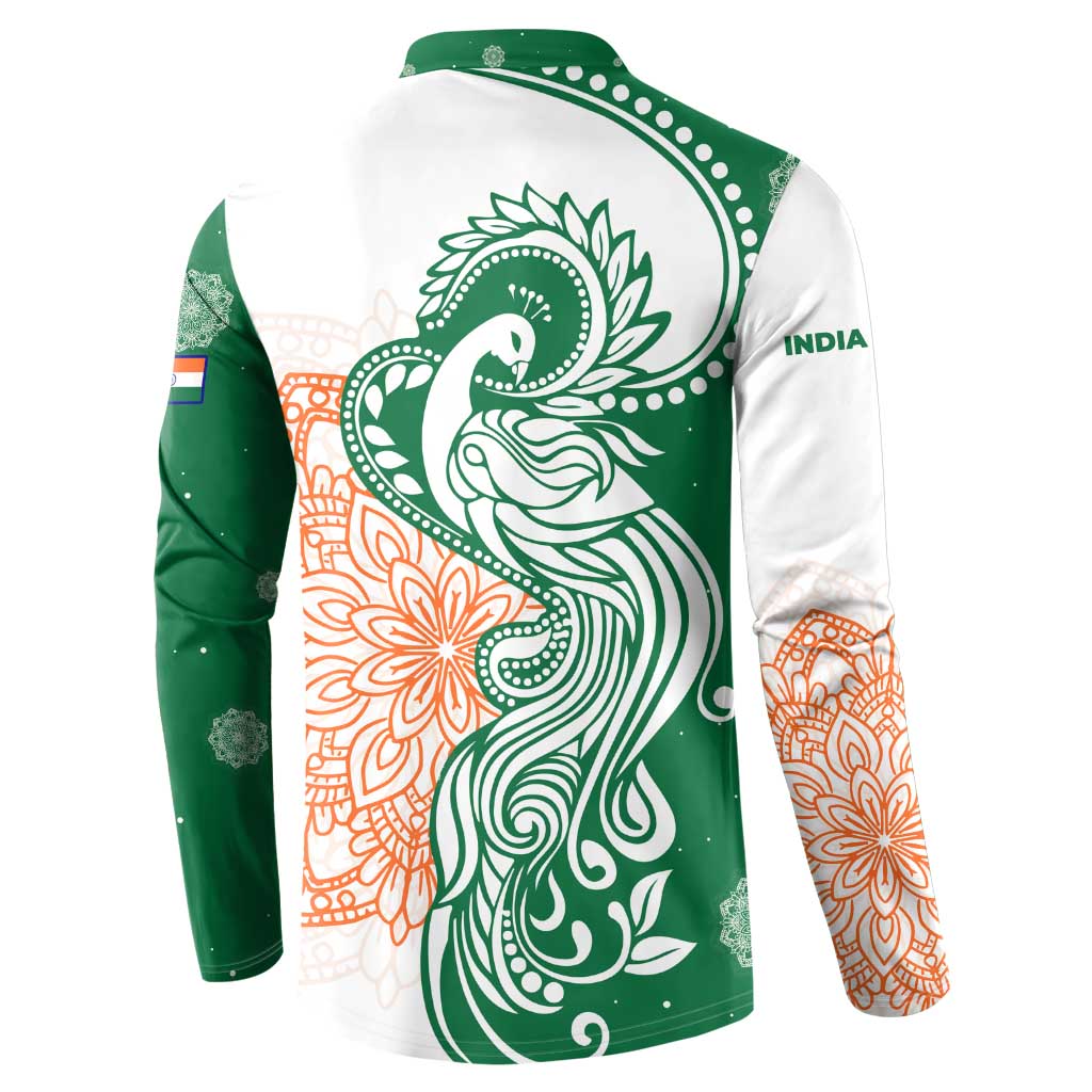 India Christmas Button Sweatshirt with Peacock Mandala Pattern and Tricolor Design - Wonder Print Shop