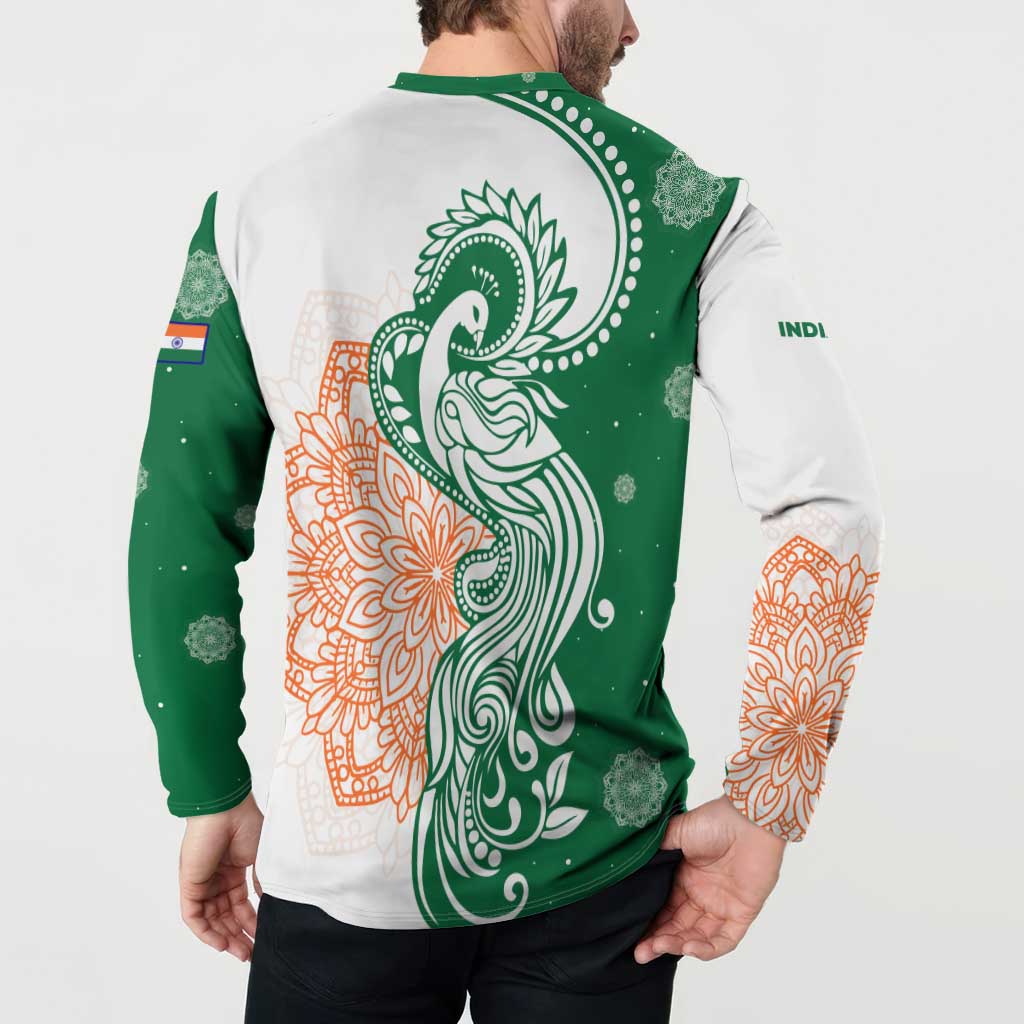 India Christmas Button Sweatshirt with Peacock Mandala Pattern and Tricolor Design - Wonder Print Shop