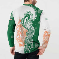 India Christmas Button Sweatshirt with Peacock Mandala Pattern and Tricolor Design - Wonder Print Shop