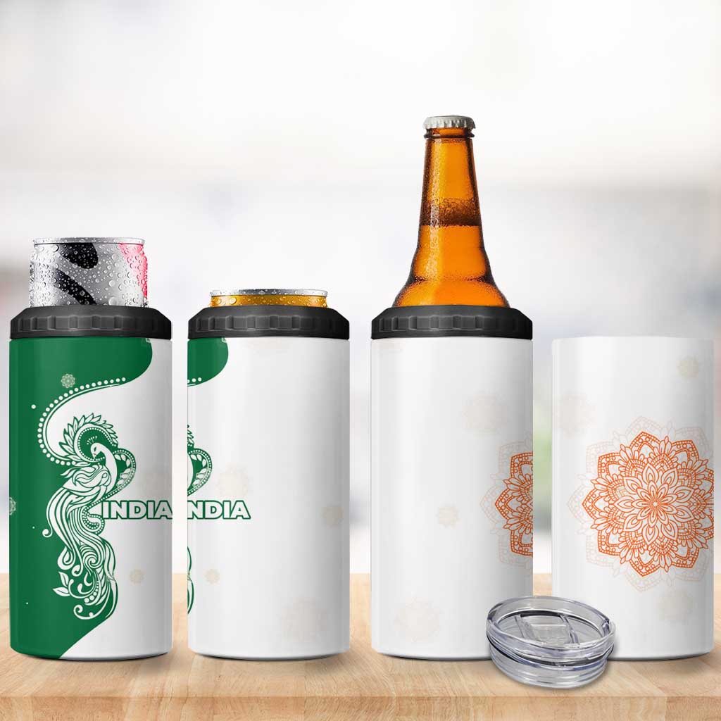 India Christmas 4 in 1 Can Cooler Tumbler with Peacock Mandala Pattern and Tricolor Design - Wonder Print Shop