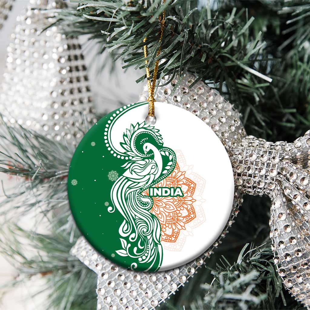 India Christmas Ceramic Ornament with Peacock Mandala Pattern and Tricolor Design - Wonder Print Shop