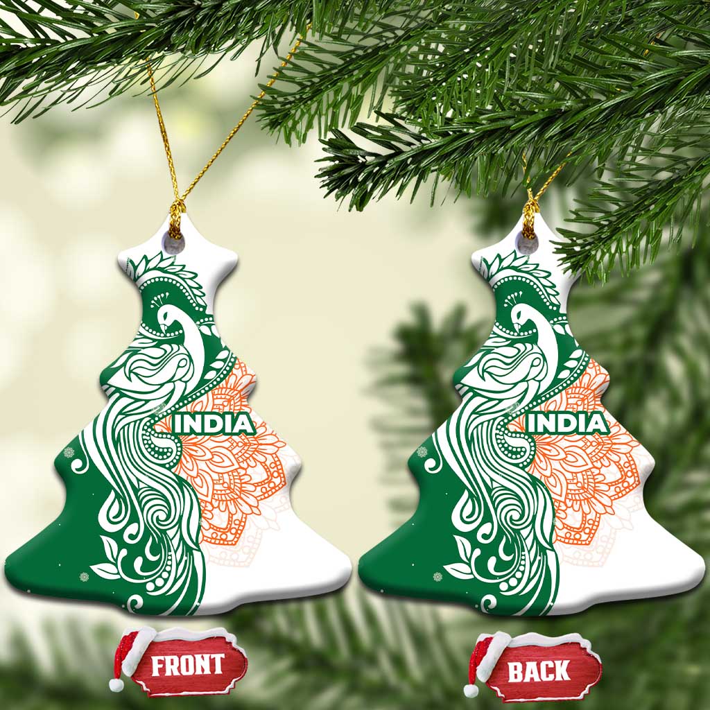 India Christmas Ceramic Ornament with Peacock Mandala Pattern and Tricolor Design - Wonder Print Shop