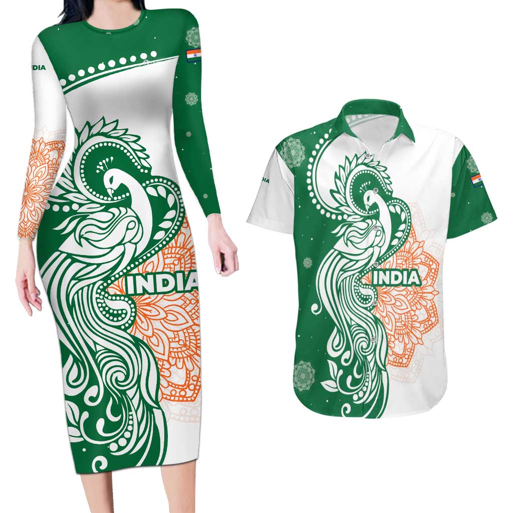 India Christmas Couples Matching Long Sleeve Bodycon Dress and Hawaiian Shirt with Peacock Mandala Pattern and Tricolor Design - Wonder Print Shop