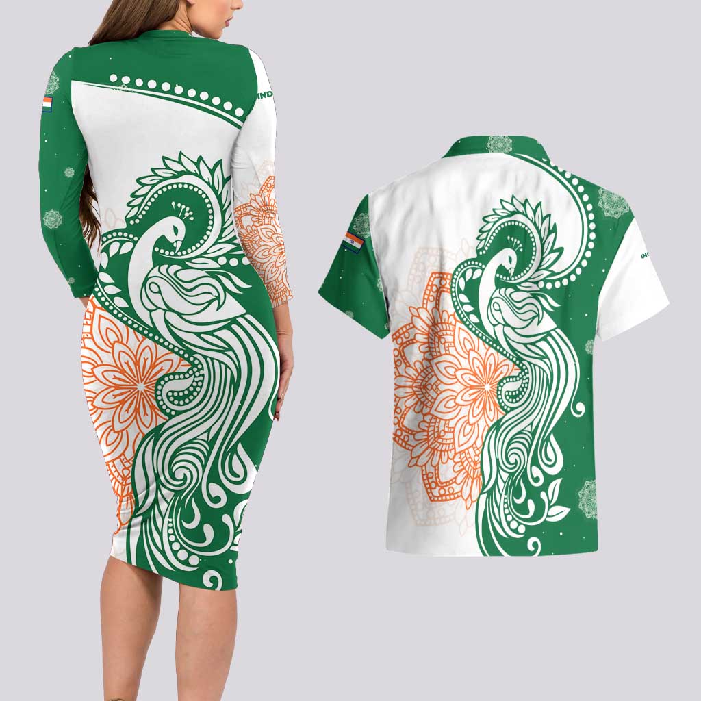 India Christmas Couples Matching Long Sleeve Bodycon Dress and Hawaiian Shirt with Peacock Mandala Pattern and Tricolor Design - Wonder Print Shop