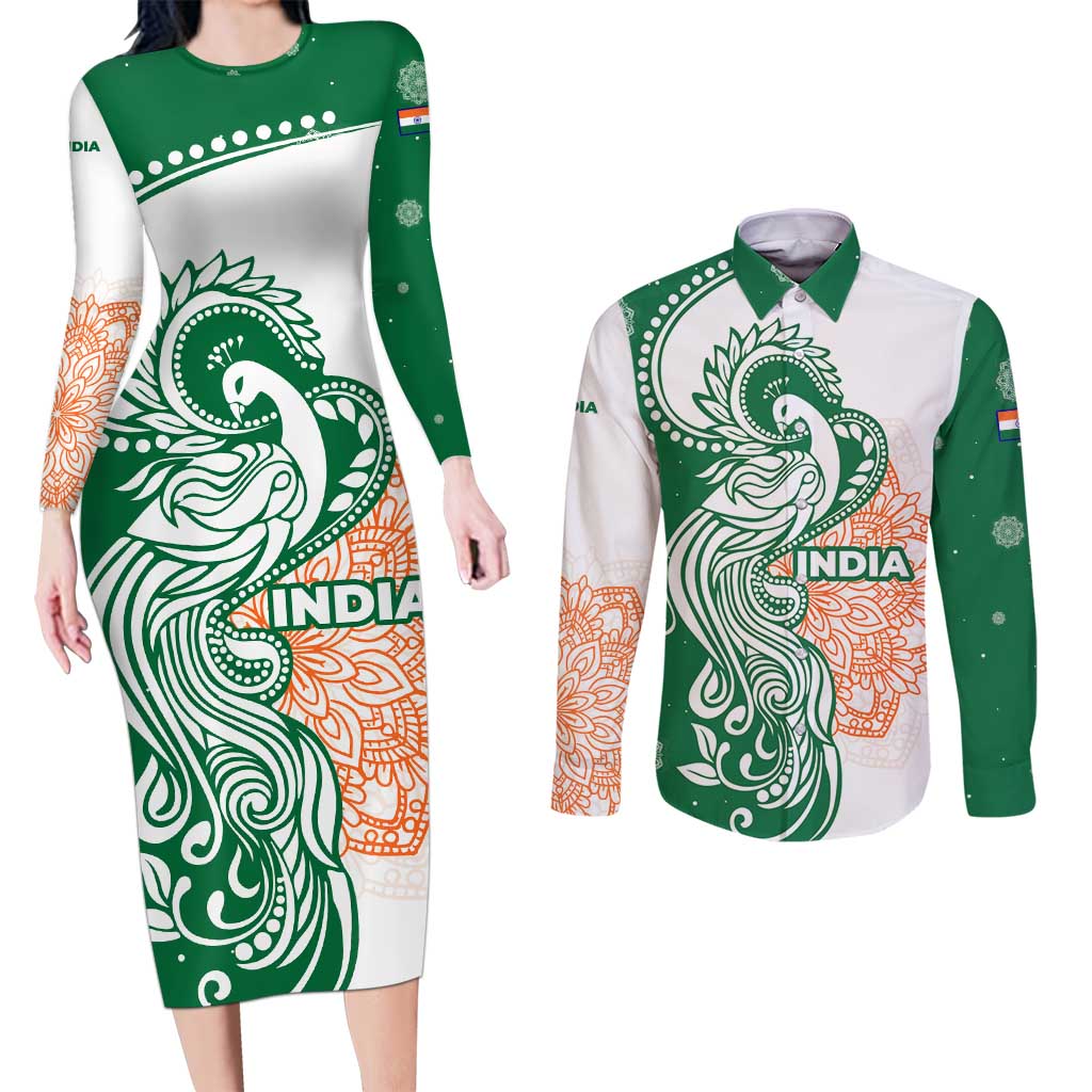 India Christmas Couples Matching Long Sleeve Bodycon Dress and Long Sleeve Button Shirt with Peacock Mandala Pattern and Tricolor Design - Wonder Print Shop
