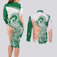 India Christmas Couples Matching Long Sleeve Bodycon Dress and Long Sleeve Button Shirt with Peacock Mandala Pattern and Tricolor Design - Wonder Print Shop