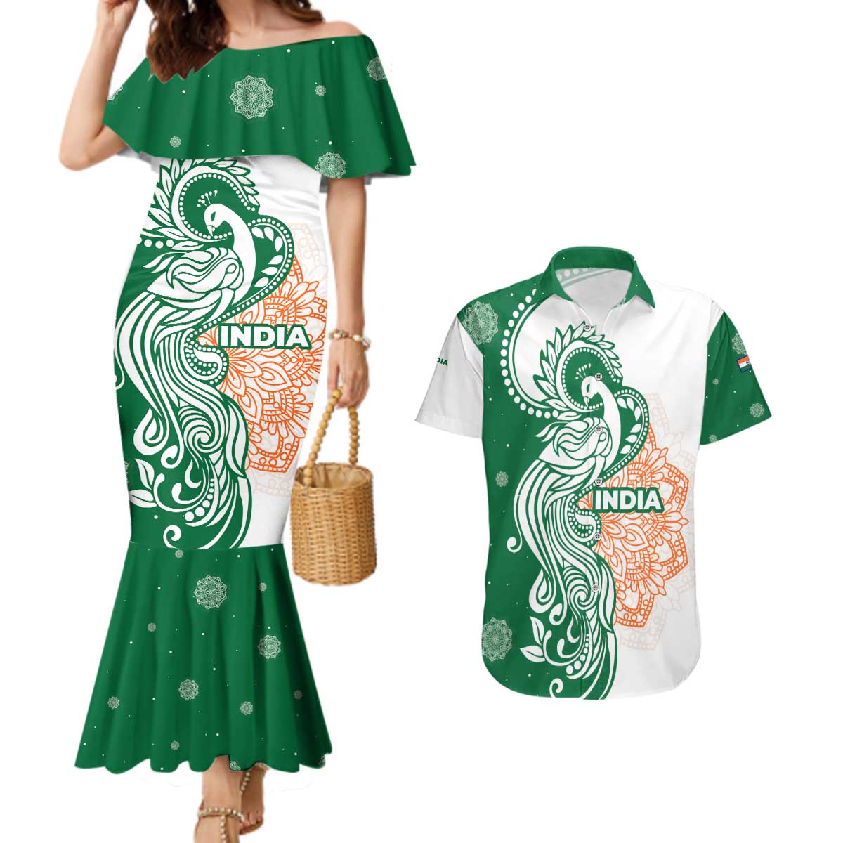 India Christmas Couples Matching Mermaid Dress and Hawaiian Shirt with Peacock Mandala Pattern and Tricolor Design - Wonder Print Shop