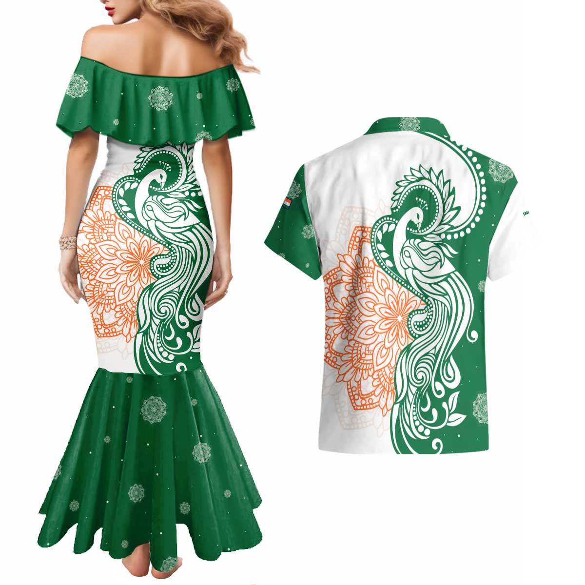 India Christmas Couples Matching Mermaid Dress and Hawaiian Shirt with Peacock Mandala Pattern and Tricolor Design - Wonder Print Shop