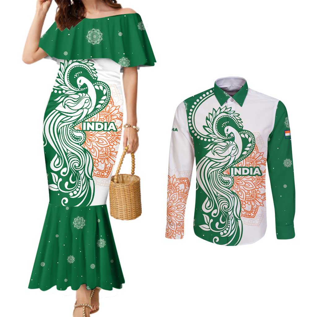 India Christmas Couples Matching Mermaid Dress and Long Sleeve Button Shirt with Peacock Mandala Pattern and Tricolor Design - Wonder Print Shop