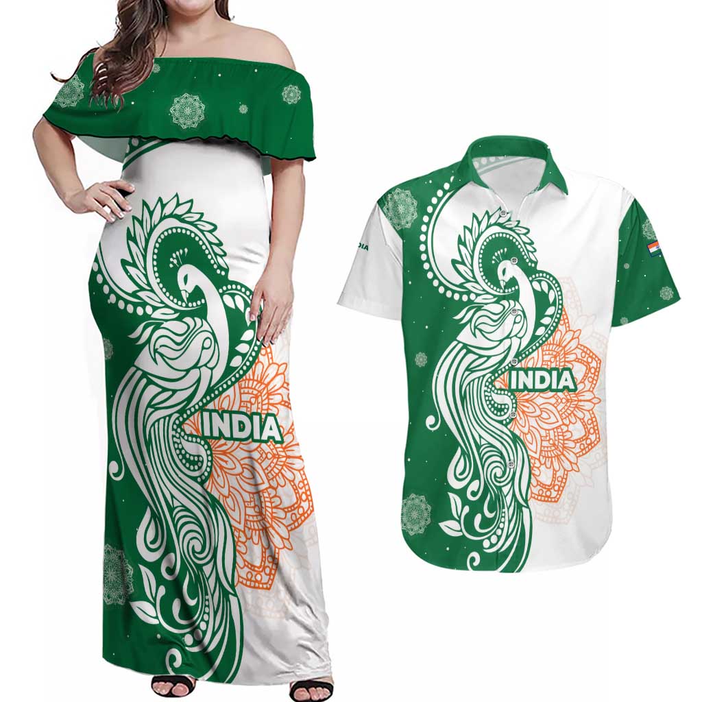 India Christmas Couples Matching Off Shoulder Maxi Dress and Hawaiian Shirt with Peacock Mandala Pattern and Tricolor Design - Wonder Print Shop