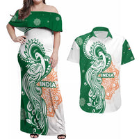 India Christmas Couples Matching Off Shoulder Maxi Dress and Hawaiian Shirt with Peacock Mandala Pattern and Tricolor Design - Wonder Print Shop