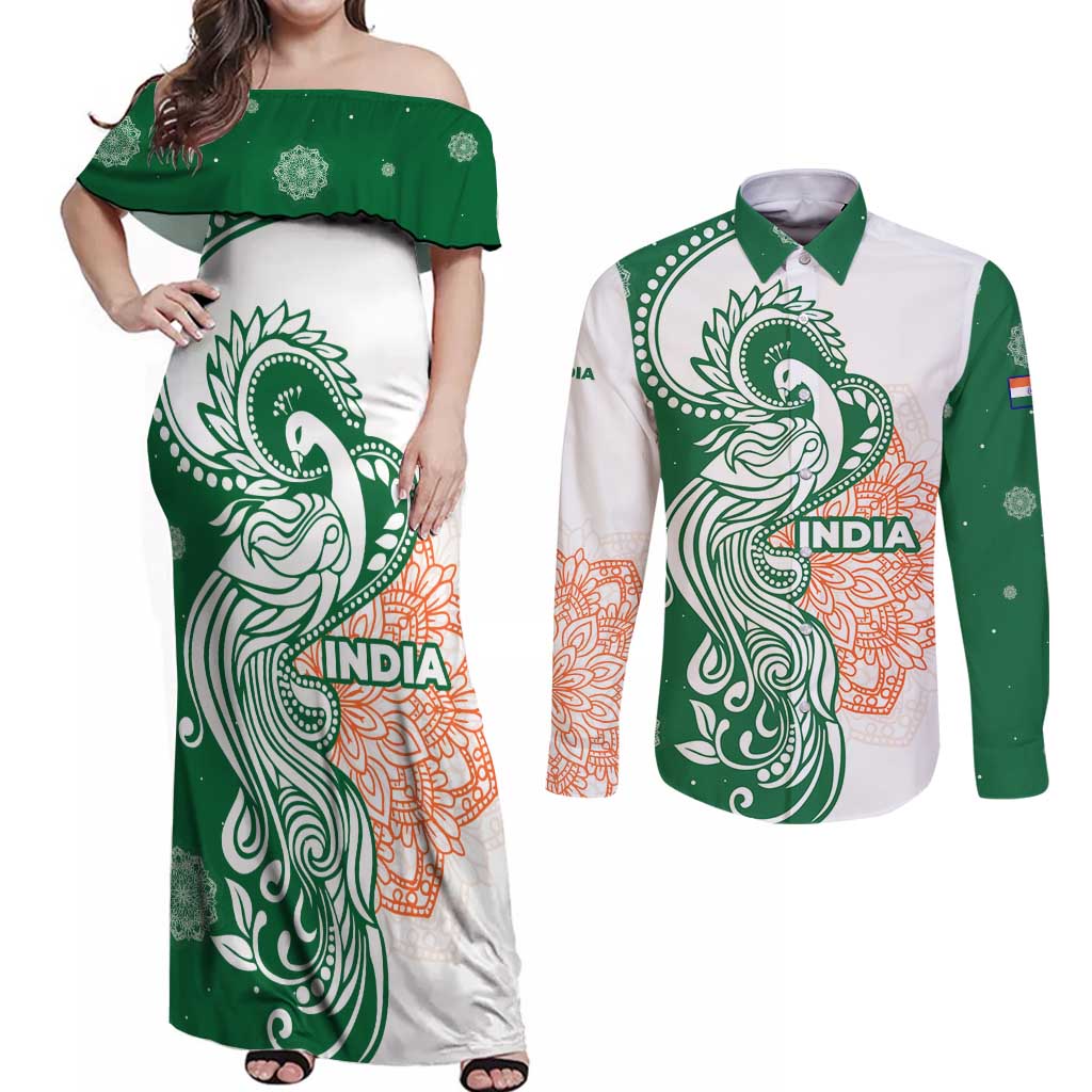 India Christmas Couples Matching Off Shoulder Maxi Dress and Long Sleeve Button Shirt with Peacock Mandala Pattern and Tricolor Design - Wonder Print Shop