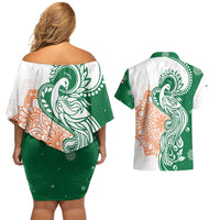 India Christmas Couples Matching Off Shoulder Short Dress and Hawaiian Shirt with Peacock Mandala Pattern and Tricolor Design - Wonder Print Shop