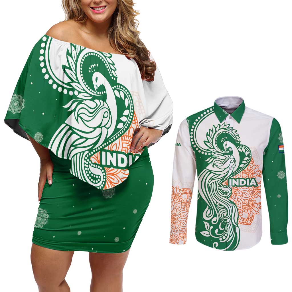 India Christmas Couples Matching Off Shoulder Short Dress and Long Sleeve Button Shirt with Peacock Mandala Pattern and Tricolor Design - Wonder Print Shop