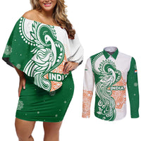 India Christmas Couples Matching Off Shoulder Short Dress and Long Sleeve Button Shirt with Peacock Mandala Pattern and Tricolor Design - Wonder Print Shop