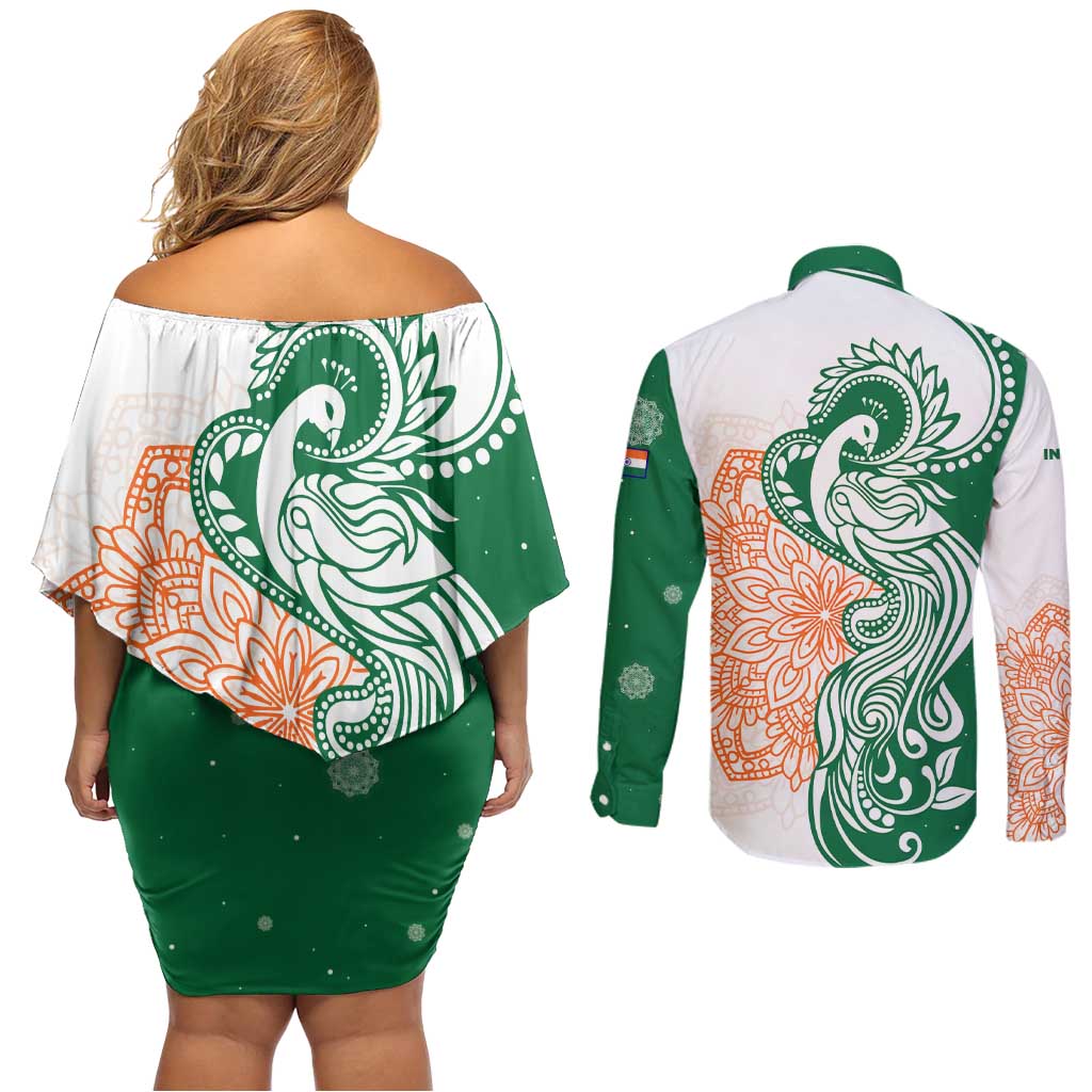 India Christmas Couples Matching Off Shoulder Short Dress and Long Sleeve Button Shirt with Peacock Mandala Pattern and Tricolor Design - Wonder Print Shop