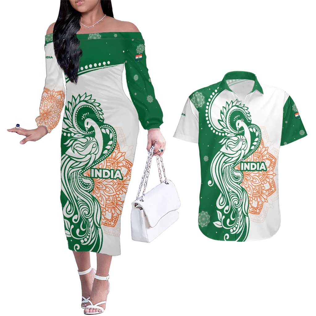 India Christmas Couples Matching Off The Shoulder Long Sleeve Dress and Hawaiian Shirt with Peacock Mandala Pattern and Tricolor Design - Wonder Print Shop