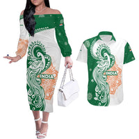 India Christmas Couples Matching Off The Shoulder Long Sleeve Dress and Hawaiian Shirt with Peacock Mandala Pattern and Tricolor Design - Wonder Print Shop