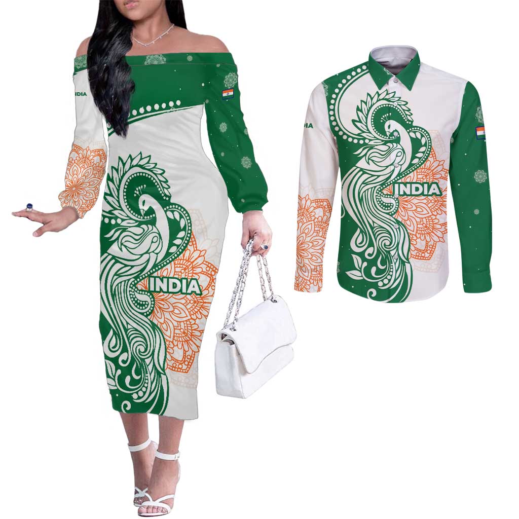 India Christmas Couples Matching Off The Shoulder Long Sleeve Dress and Long Sleeve Button Shirt with Peacock Mandala Pattern and Tricolor Design - Wonder Print Shop