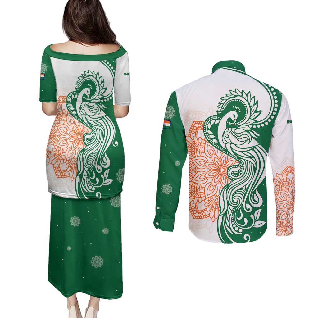 India Christmas Couples Matching Puletasi and Long Sleeve Button Shirt with Peacock Mandala Pattern and Tricolor Design - Wonder Print Shop