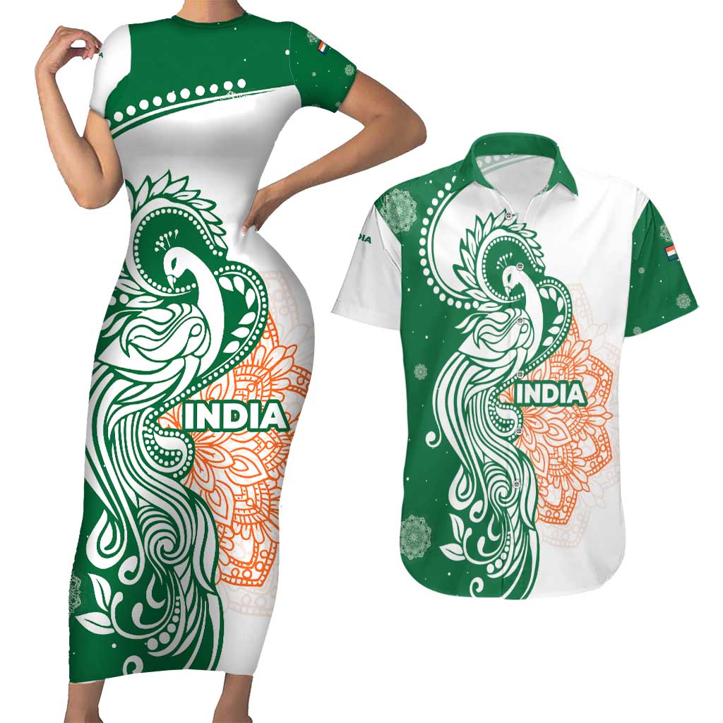 India Christmas Couples Matching Short Sleeve Bodycon Dress and Hawaiian Shirt with Peacock Mandala Pattern and Tricolor Design - Wonder Print Shop
